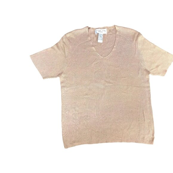 August Silk Knits XL Taupe Vintage Ribbed V Neck Silk Sweater Quiet Luxury Chic - Picture 8 of 9